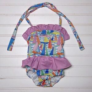 BOUTIQUE EUC Colorful Sailboat Nautical Halter Smocked Back One Piece Swimsuit